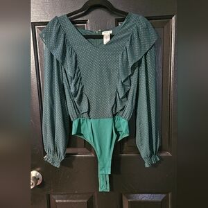 Teal Polka Dot Ruffle Bodysuit emerald green with gold. Size Small